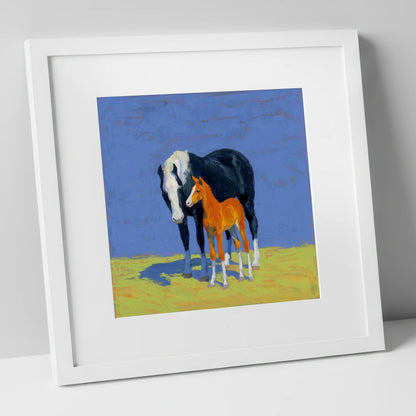 Vibrant Pasture Bond mare & foal art print in white frame