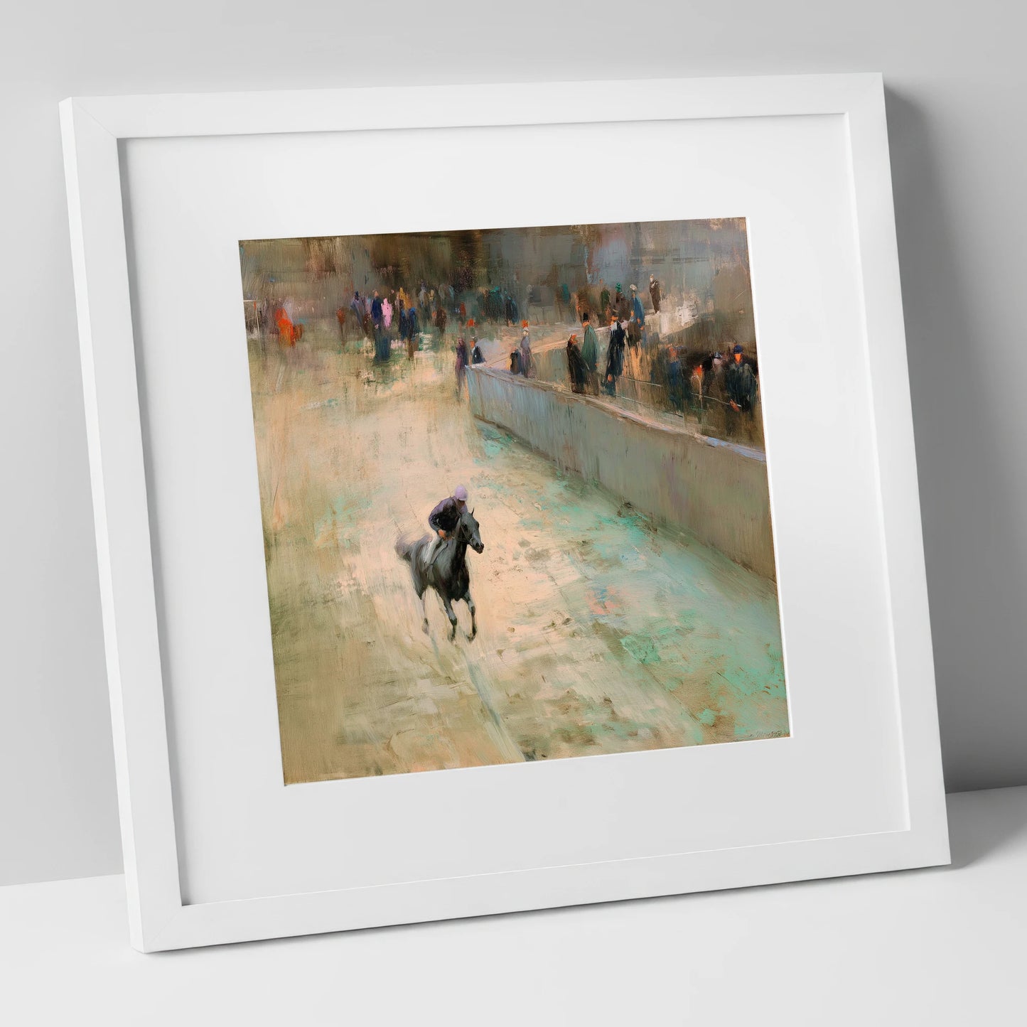 Echoes of the Track racing horse art print in white frame