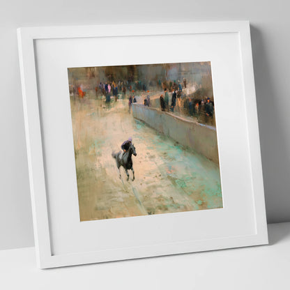 Echoes of the Track racing horse art print in white frame