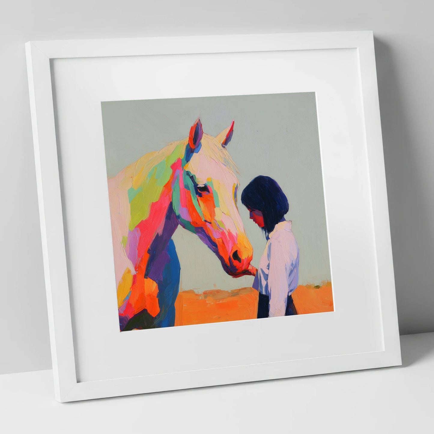 Vivid Connection horse & rider art print in white frame