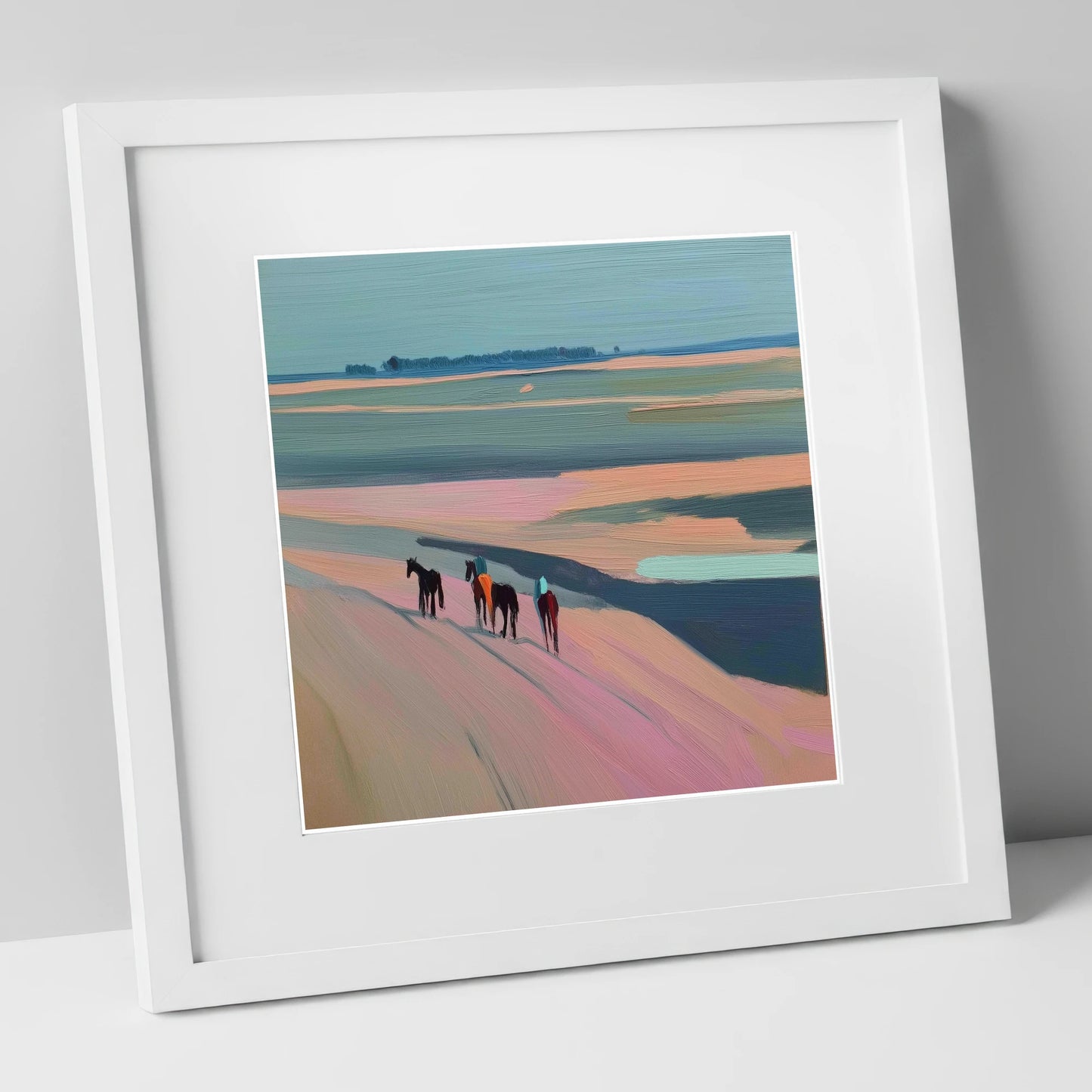 Dusty Rose Hack horse landscape art print in white frame