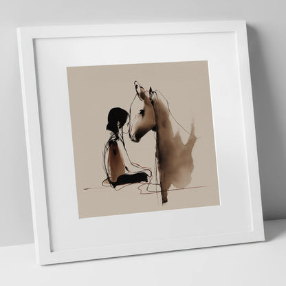 The Shared Breath horse & rider art print in white frame