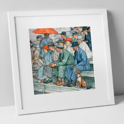The Grandstand Crowd racing horse art print in white frame