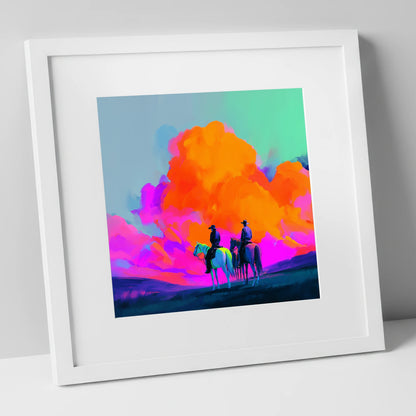 Vivid Western Horizon horse landscape art print in white frame