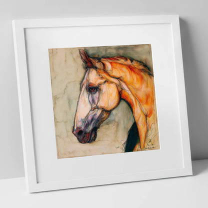 Sienna Wash Equine Study horse portrait art print in white frame