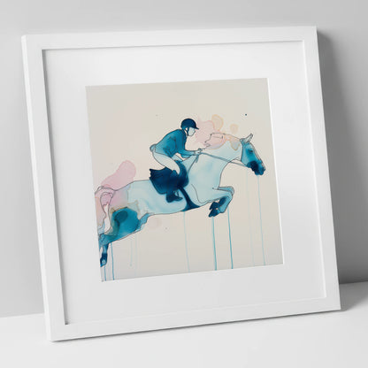 Cerulean Flight show jumping horse art print in white frame
