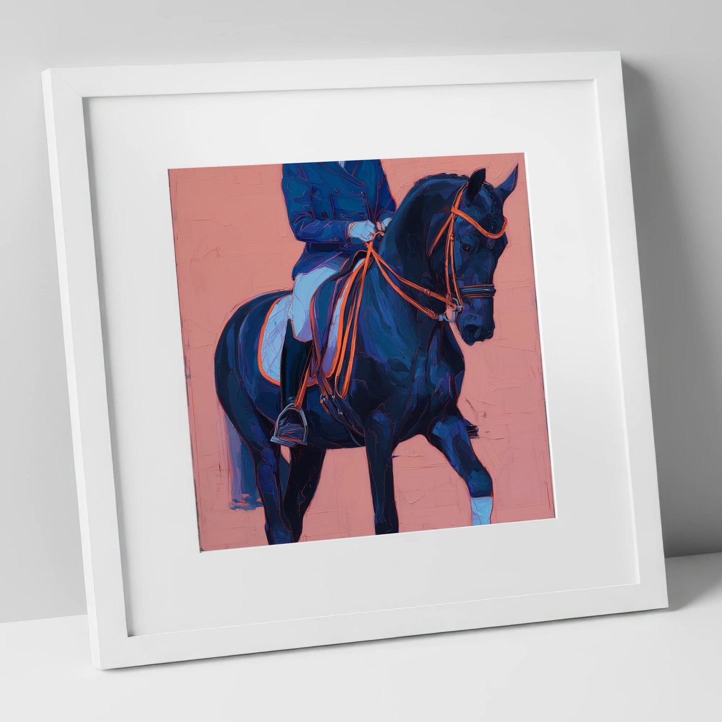 Indigo Dressage Rhythm dressage horse art print in white frame