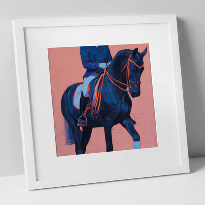 Indigo Dressage Rhythm dressage horse art print in white frame
