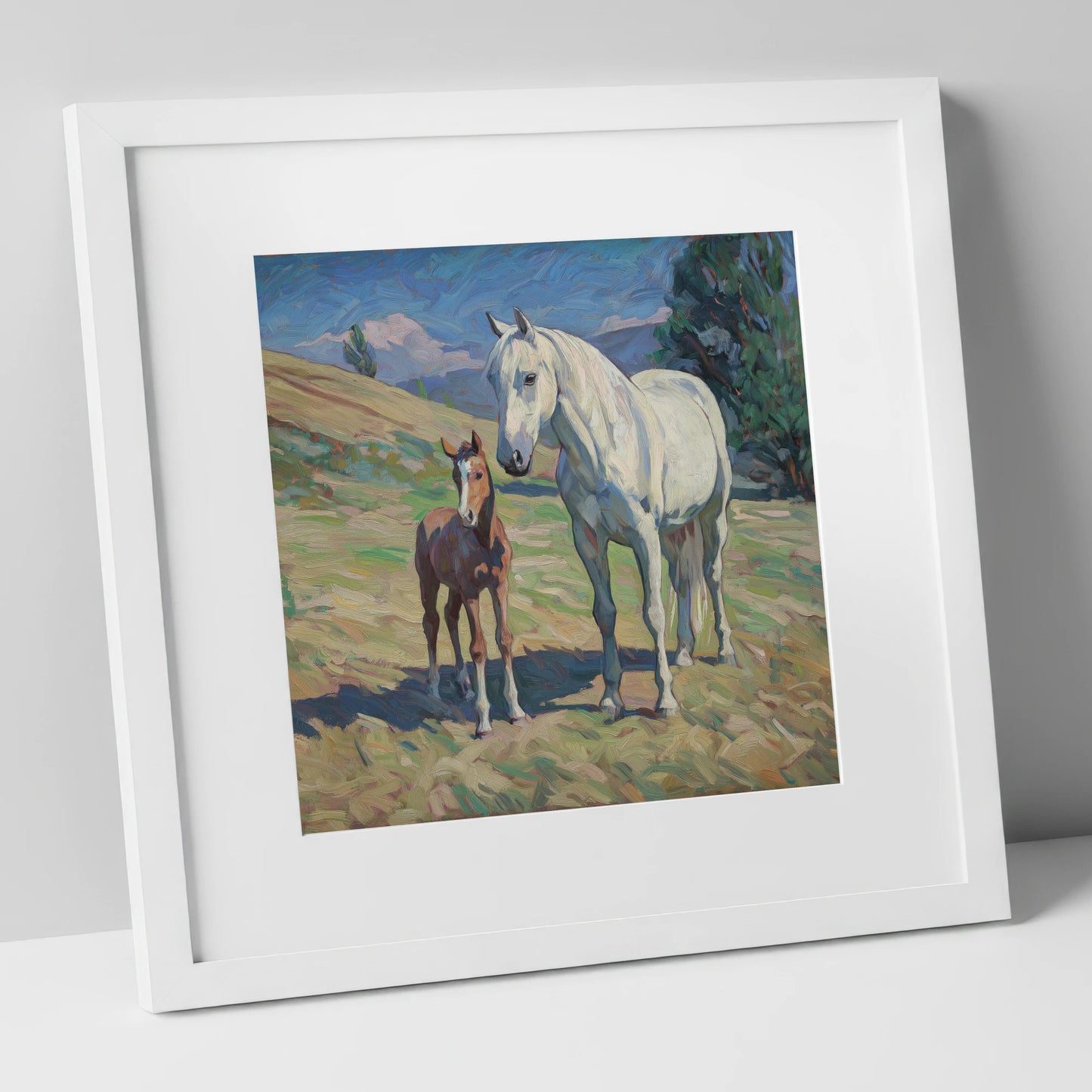 The Gentle Guardian mare & foal art print in white frame