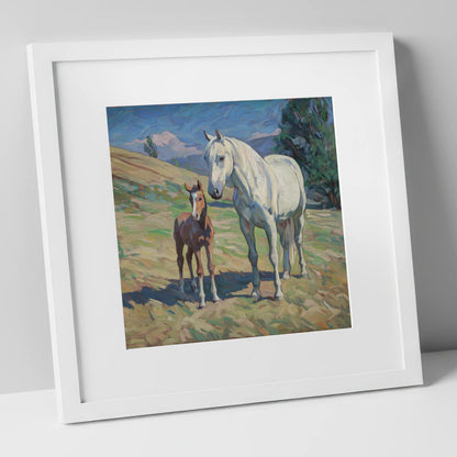 The Gentle Guardian mare & foal art print in white frame