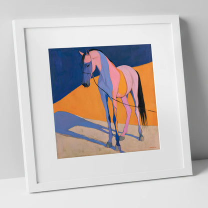 Pink and Blue Abstract Horse horse breed art print in white frame