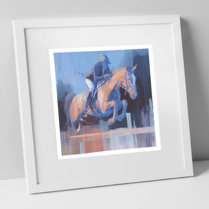 Cobalt Ascent show jumping horse art print in white frame