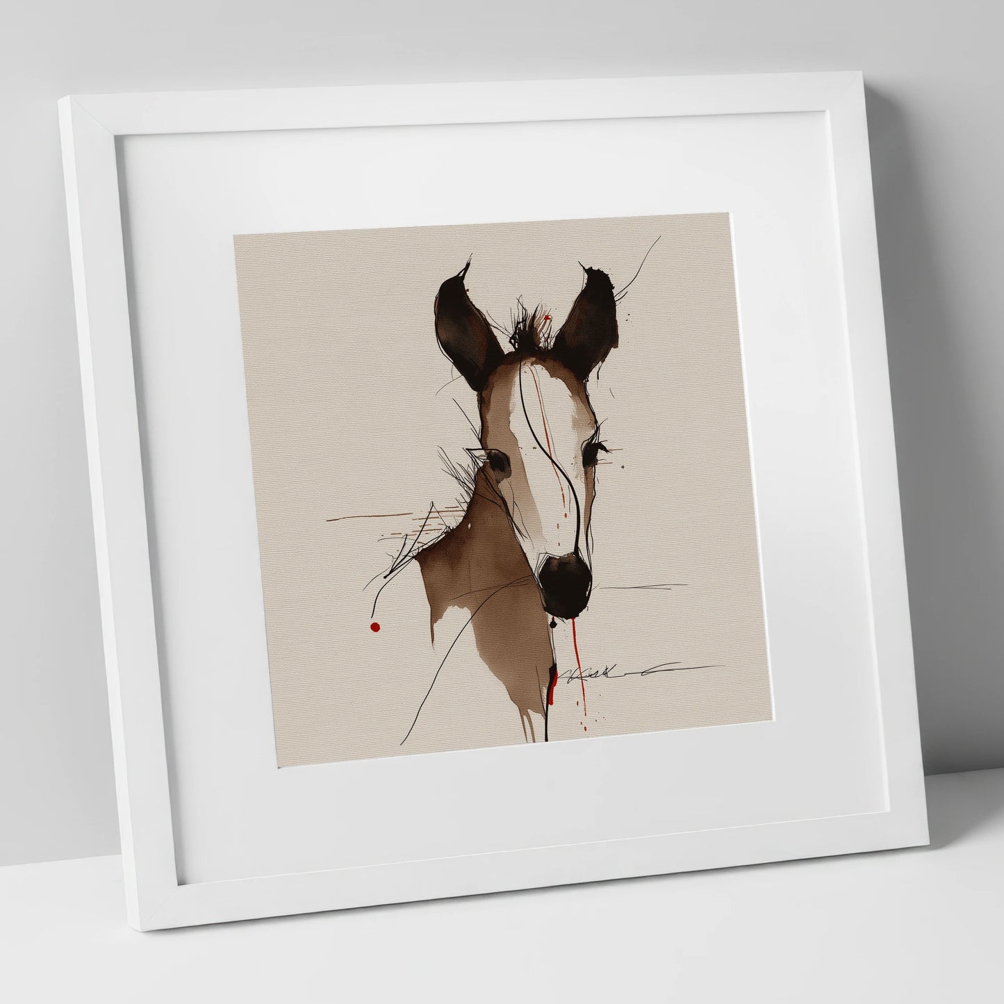 Delicate Ink Foal horse portrait art print in white frame
