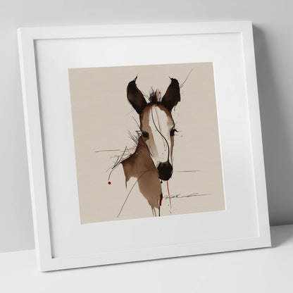 Delicate Ink Foal horse portrait art print in white frame