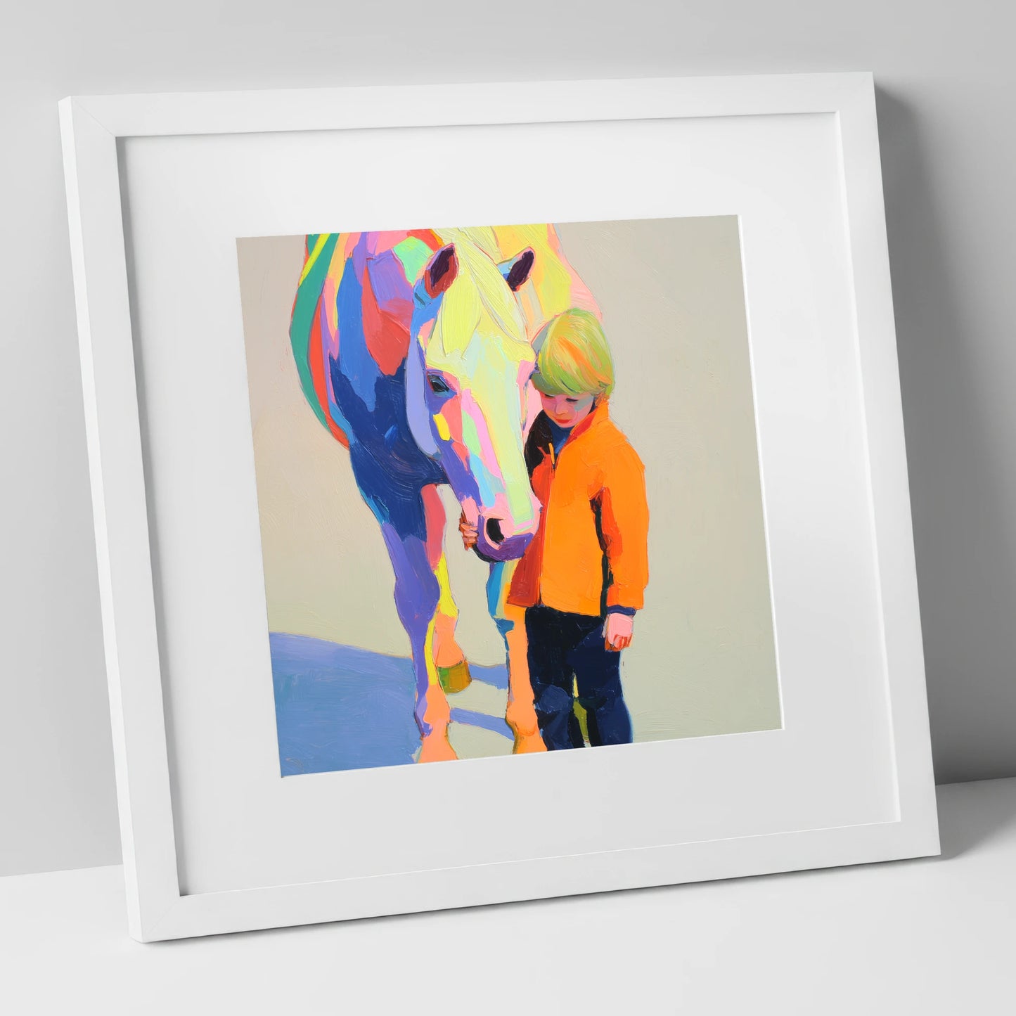 Radiant Bond horse & rider art print in white frame