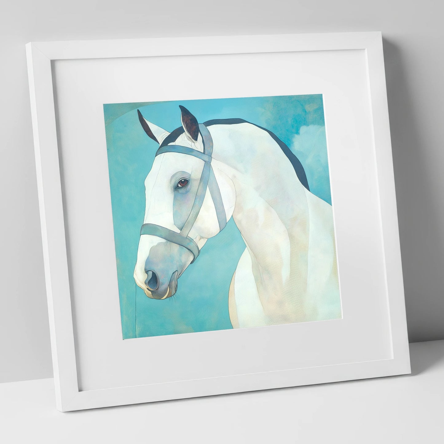 Serene Focus in Teal horse portrait art print in white frame