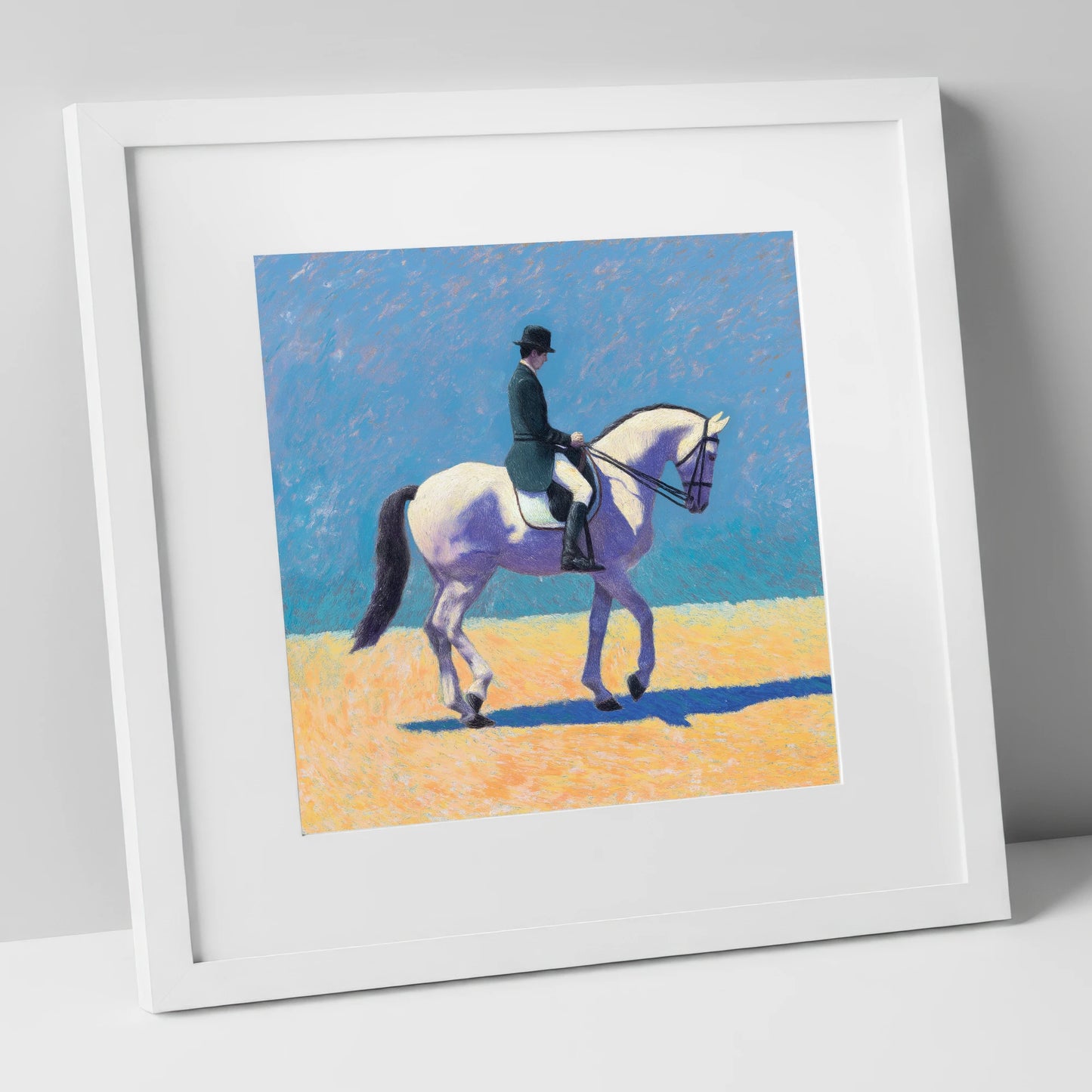 Lavender Shadows Dressage dressage horse art print in white frame