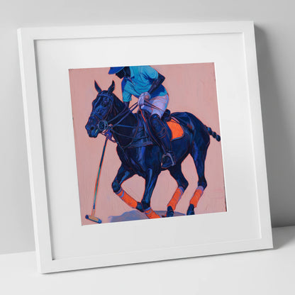 The Indigo Strike polo horse art print in white frame