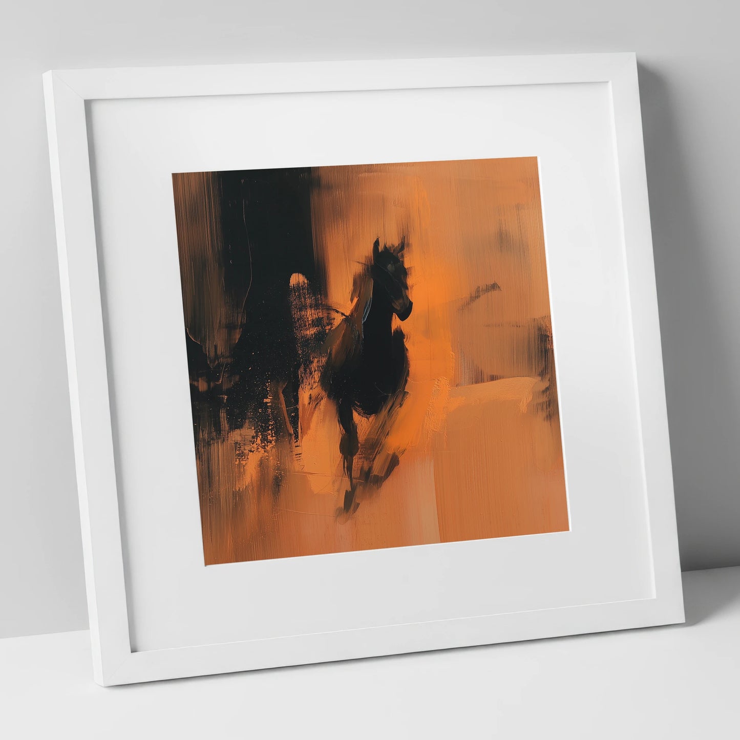 Shadow and Ember horse portrait art print in white frame