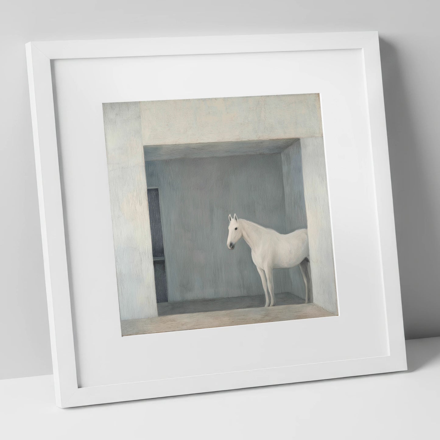The Quiet Stall horse stable art print in white frame