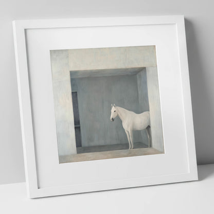 The Quiet Stall horse stable art print in white frame