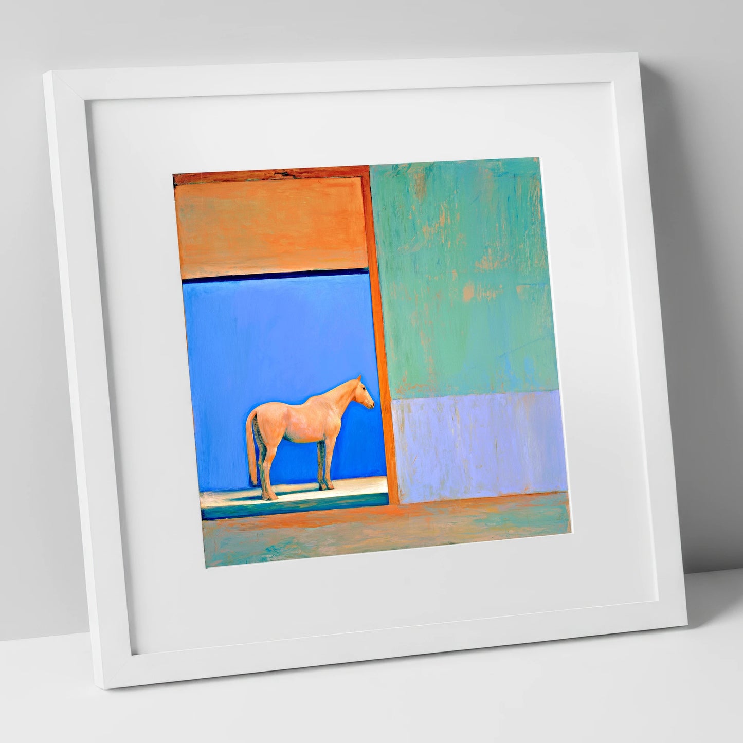 Cobalt Stable Light horse stable art print in white frame