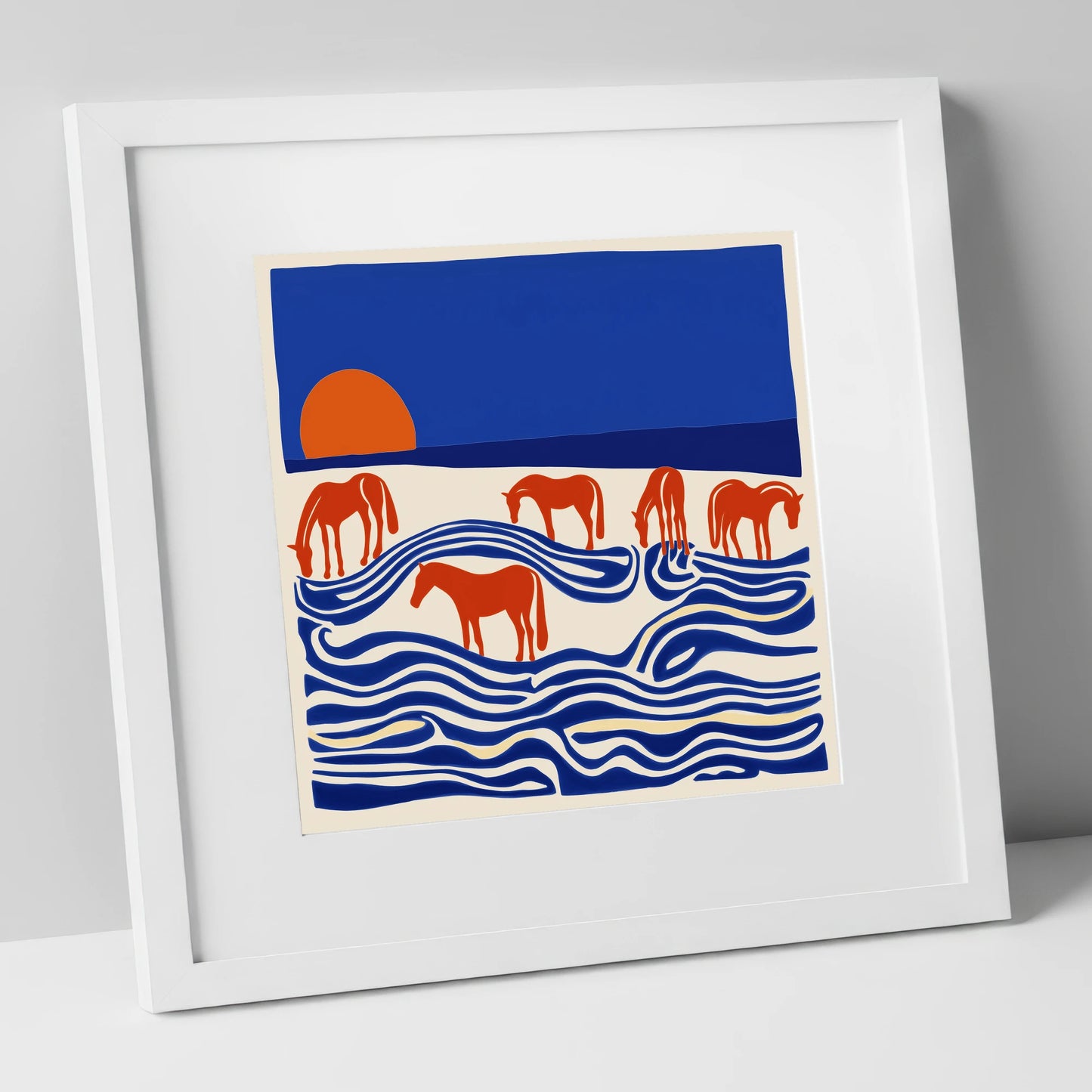 Cobalt Sunset Herd wild horses art print in white frame