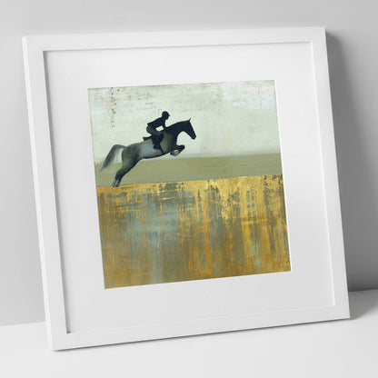 Golden Momentum show jumping horse art print in white frame