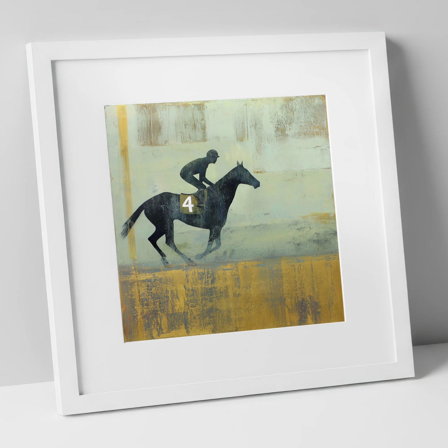 The Gilded Gallop racing horse art print in white frame