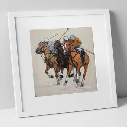 The Midfield Charge polo horse art print in white frame