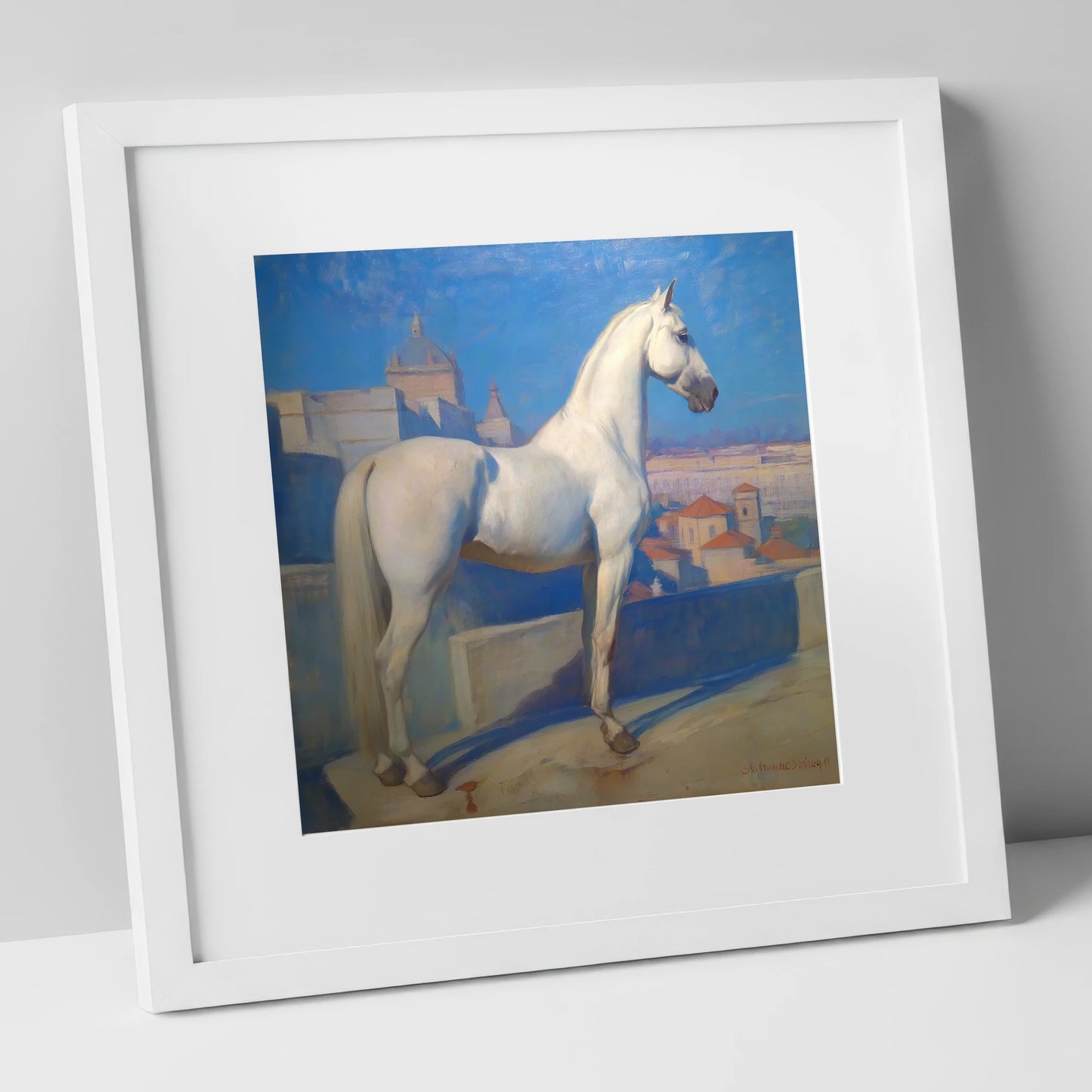 The Classical Grey horse breed art print in white frame