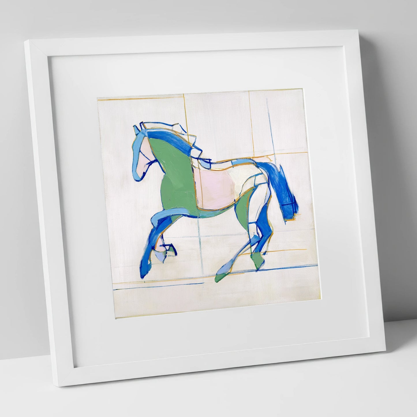 Azure and Emerald Canter horse portrait art print in white frame