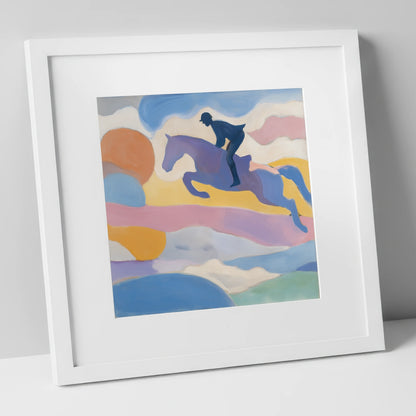 Pastel Flight show jumping horse art print in white frame