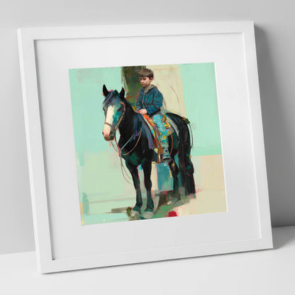 The Quiet Partnership horse & rider art print in white frame