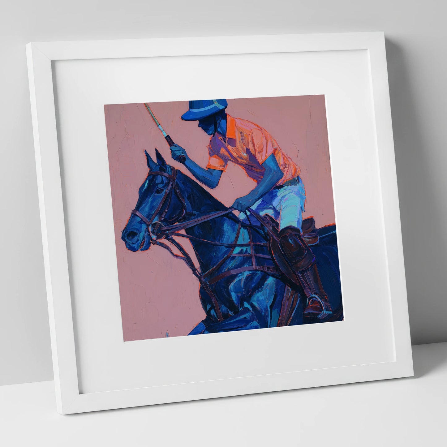 The Indigo Chukka polo horse art print in white frame