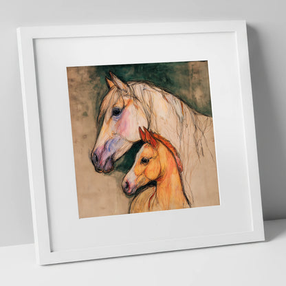 Quiet Devotion mare & foal art print in white frame