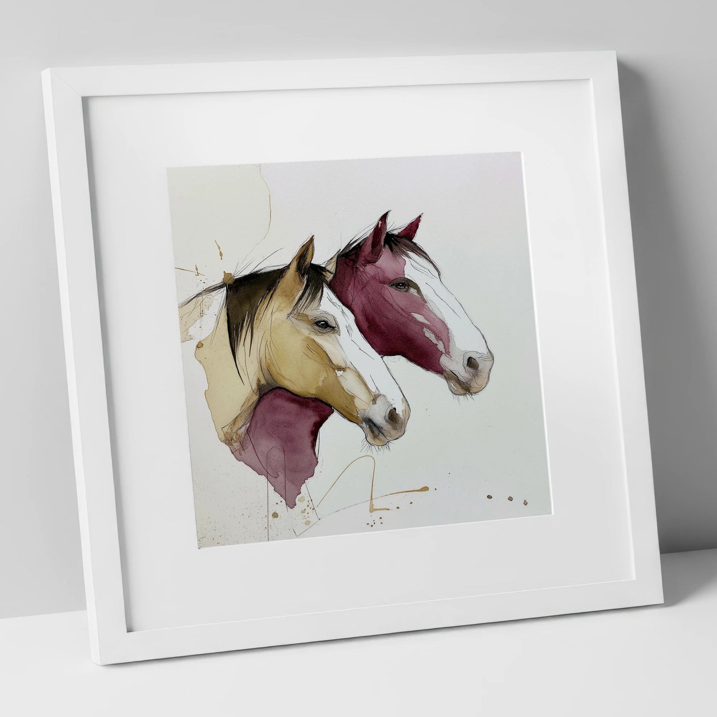 Earthy Equine Profiles wild horses art print in white frame