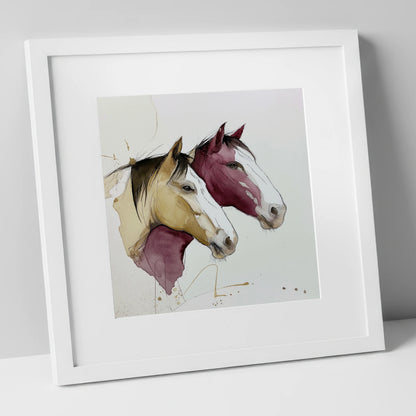 Earthy Equine Profiles wild horses art print in white frame