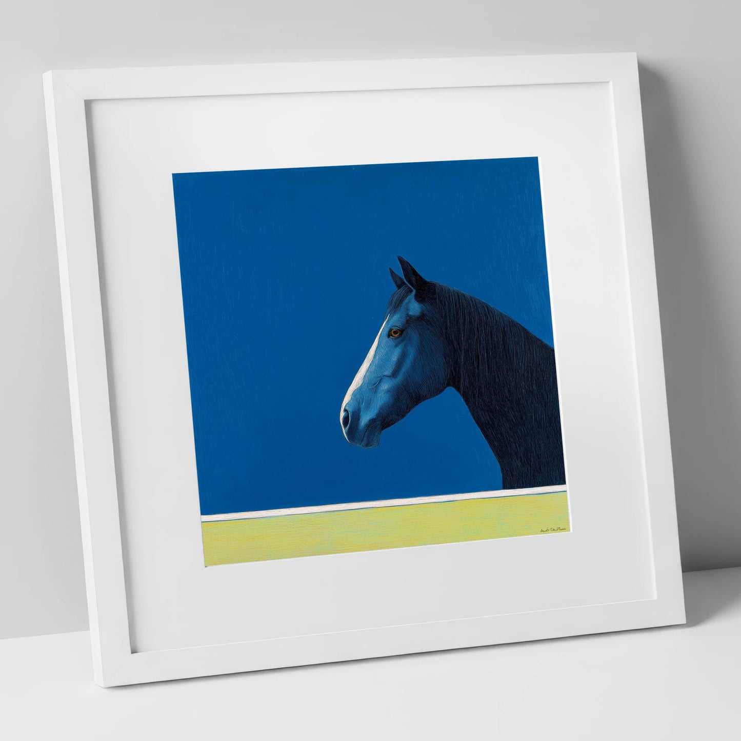 Midnight Blue Blaze horse portrait art print in white frame