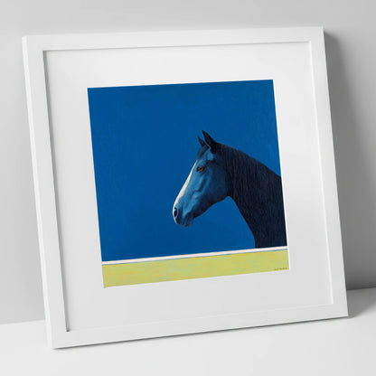 Midnight Blue Blaze horse portrait art print in white frame
