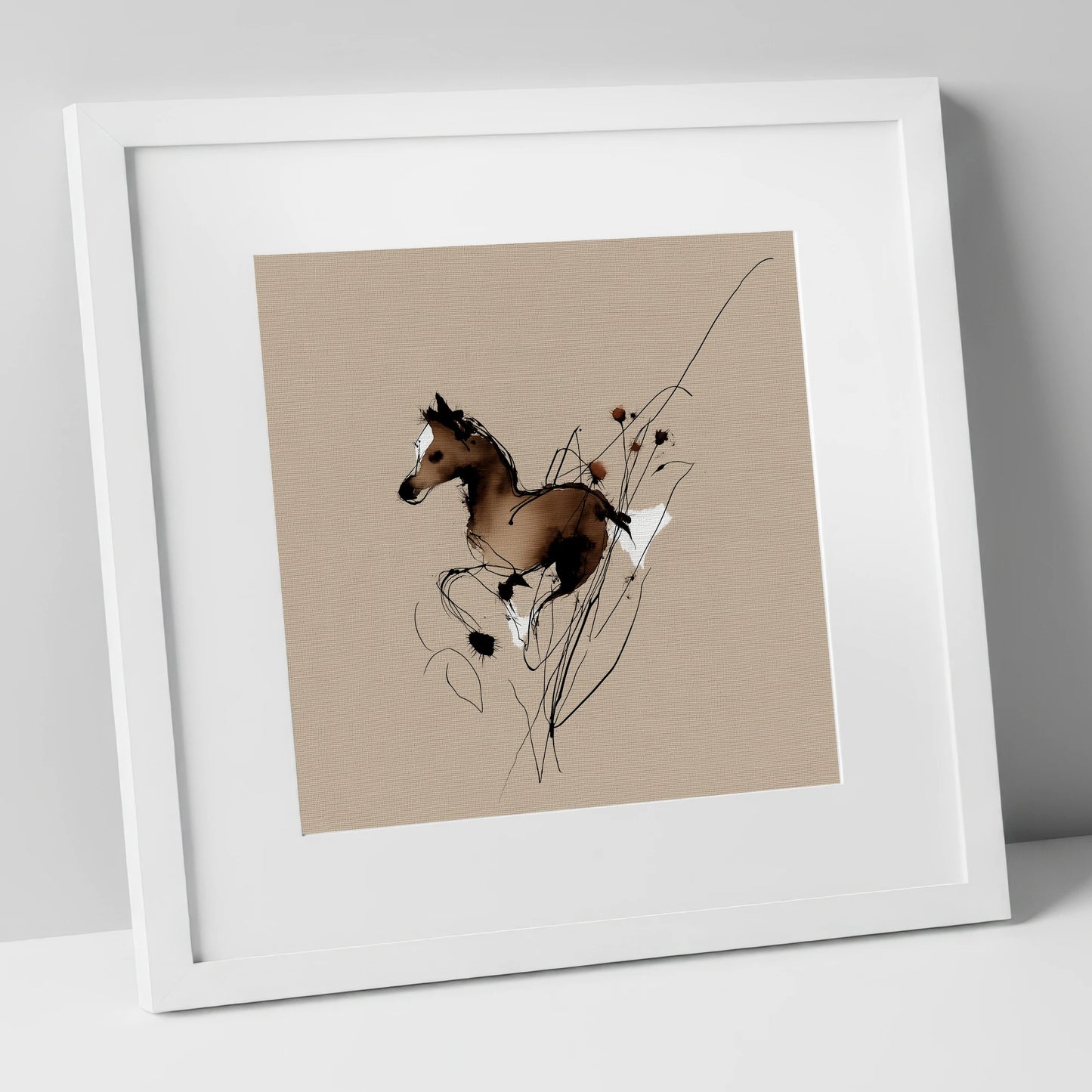 Joyful Bound horse portrait art print in white frame