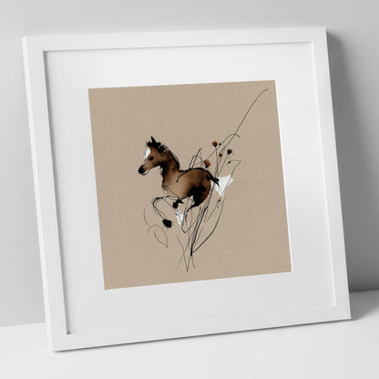 Joyful Bound horse portrait art print in white frame