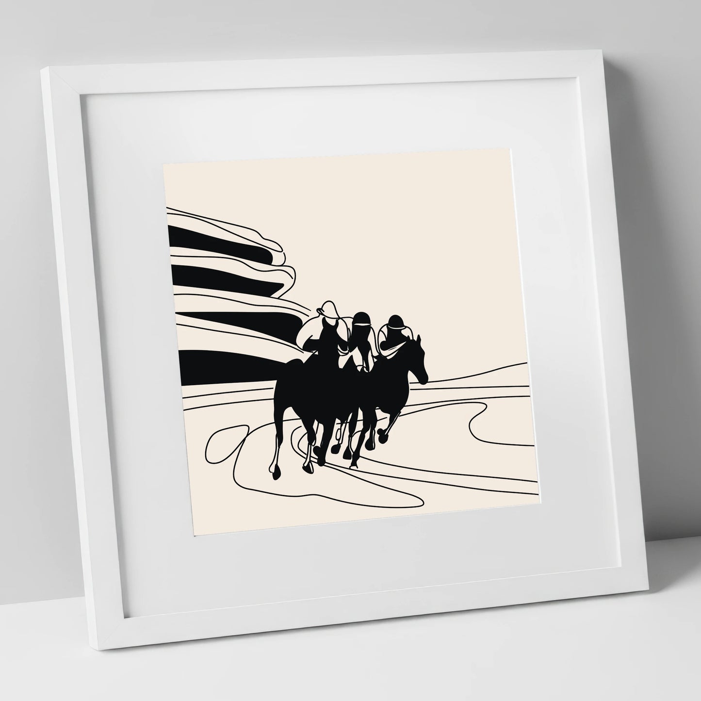 Rounding the Bend racing horse art print in white frame