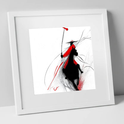 Crimson Polo Strike polo horse art print in white frame
