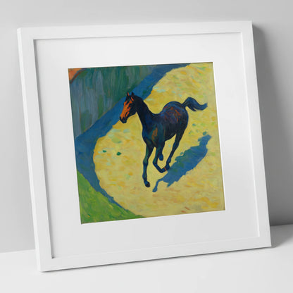 Cobalt Shadow Gallop racing horse art print in white frame