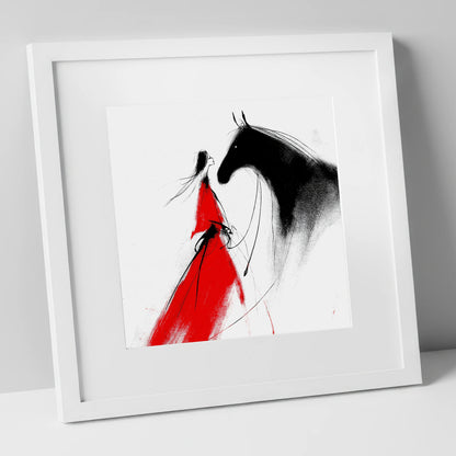 Scarlet and Shadow horse & rider art print in white frame