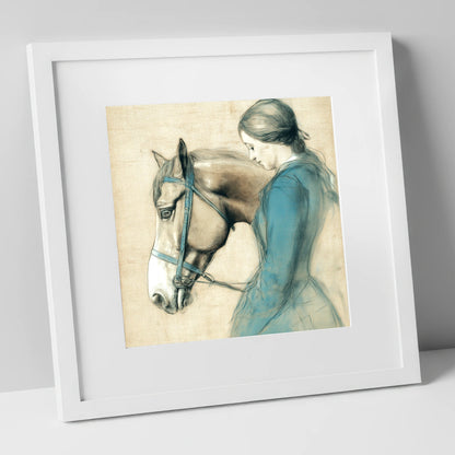 The Silent Bond horse & rider art print in white frame
