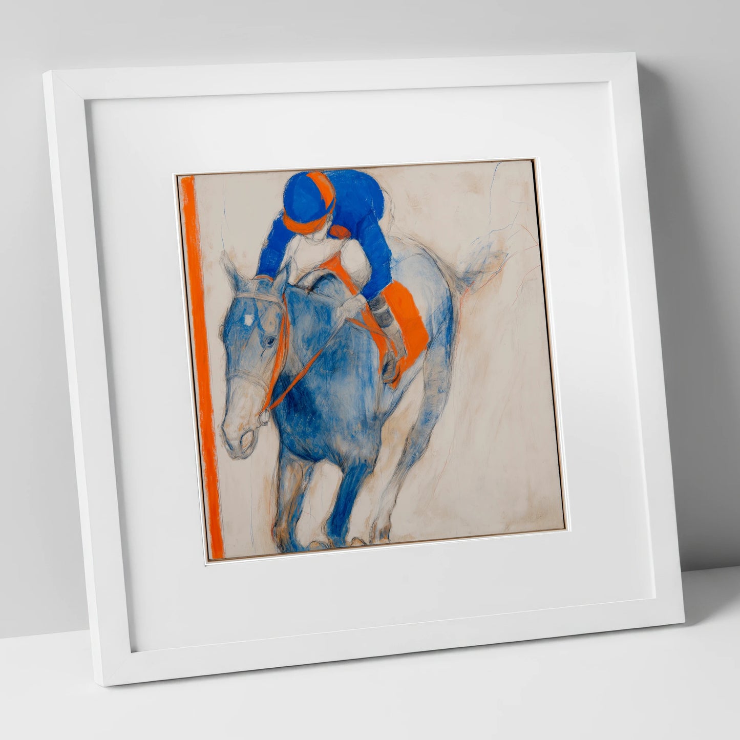 Ultramarine Gallop racing horse art print in white frame