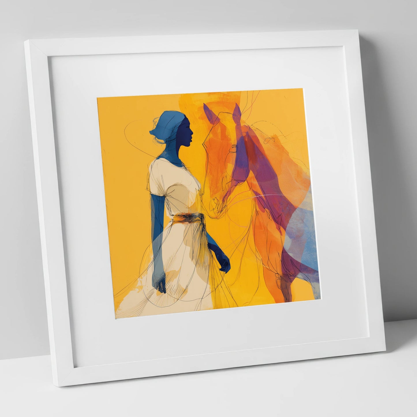 Golden Synchronicity horse & rider art print in white frame