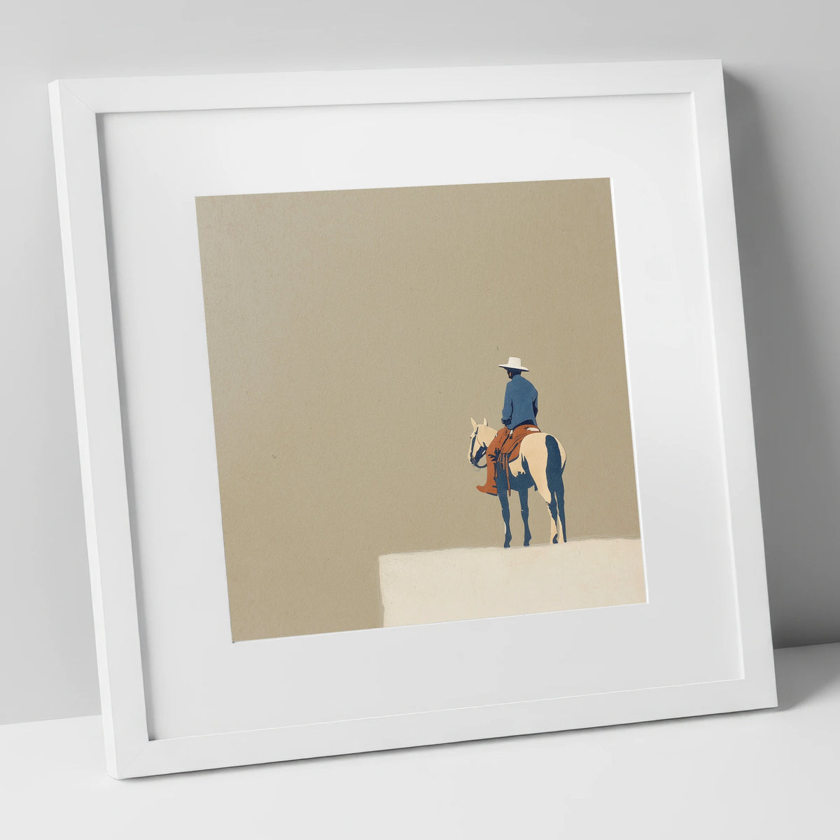 Western Rider on Paint Horse western horse art print in white frame